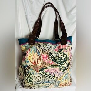 Lucky Tote Shoulder Purse Bag Canvas & Leather Butterly Vintage Lucky Purse